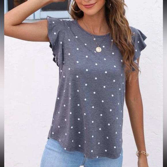 Boho polka dots print butterfly sleeve blouse dusty blue - Picture 4 of 11